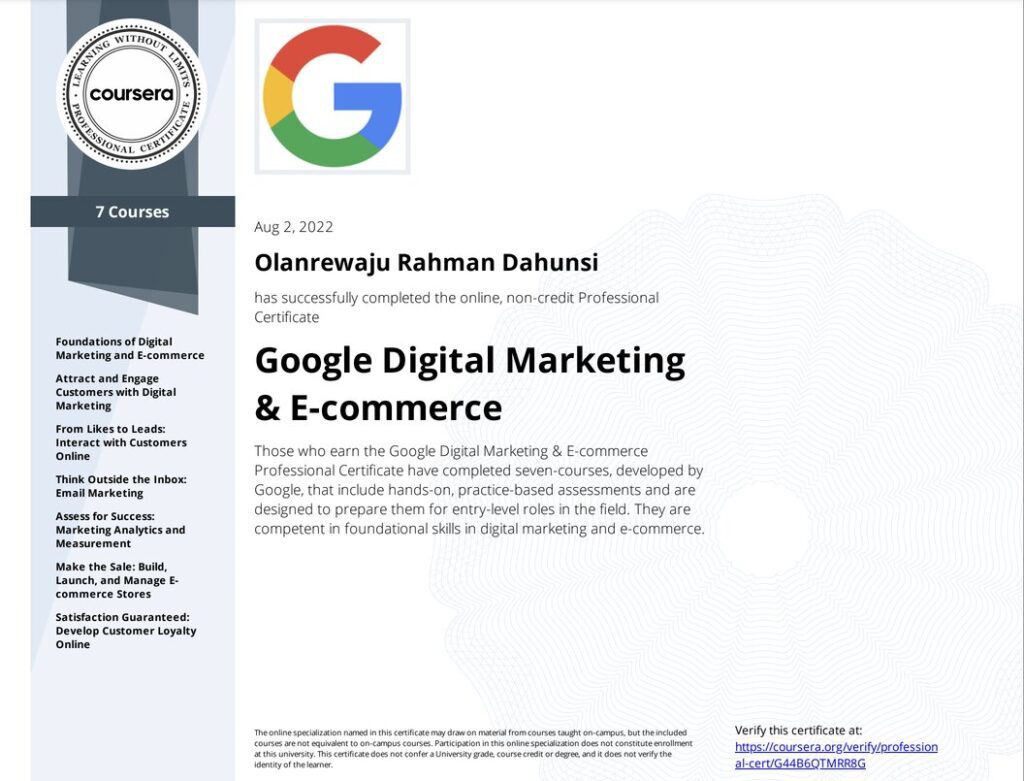 Google Digital Marketing E commerce Professional Certificate Course